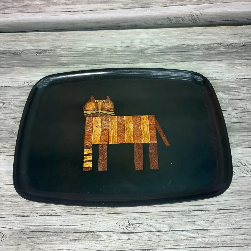Couroc Of Monterey Serving Tray Hand Inlaid Wood Cat Vintage MCM